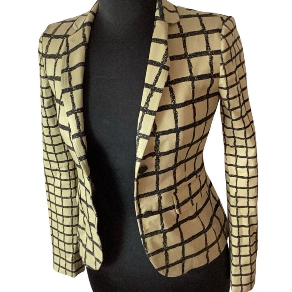 Rag & Bone Sz 2 Windowpane Plaid Blazer Made in USA Silk Blend Lined Black Khaki - Picture 7 of 12